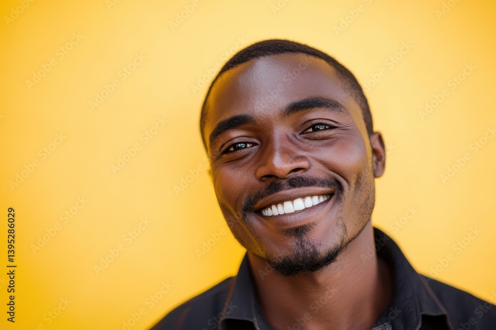 Studio headshot of a smiling man against bright yellow background with positive expression and confident demeanor Studio headshot of a smiling man against bright yellow background with positive expression and confident demeanor