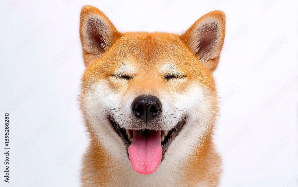 Happy shiba inu with big grin and squinty eyes, tongue slightly out, clean white background, cheerful dog portrait Happy shiba inu with big grin and squinty eyes, tongue slightly out, clean white background, cheerful dog portrait