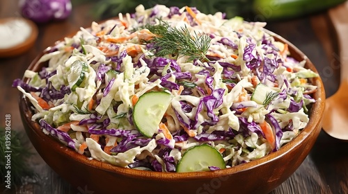 Delicious Creamy Coleslaw Salad in Wooden Bowl