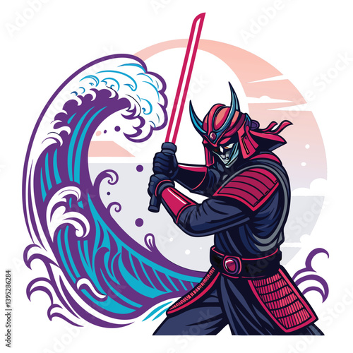 Design a bold vector illustration of a cyborg samurai, emphasizing strong lines and metallic textures.  Include a katana.