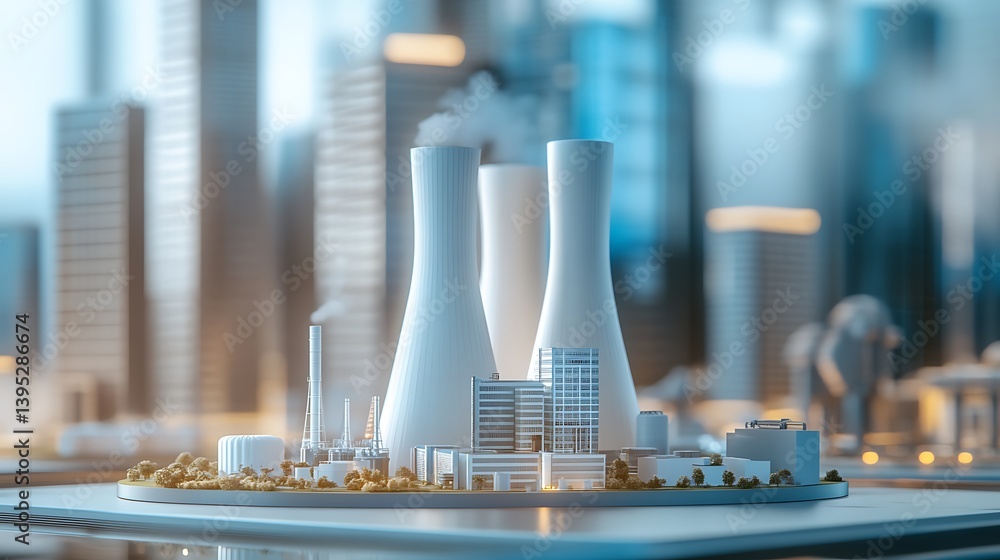 A miniature thermal power plant model sits on a well-lit office table, showcasing its design in a professional workspace.