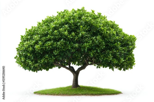 Isolated Green Tree with Rounded Crown Growing on Grass Lawn