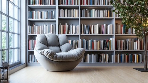 Cozy reading nook with large bookcase filled with books.