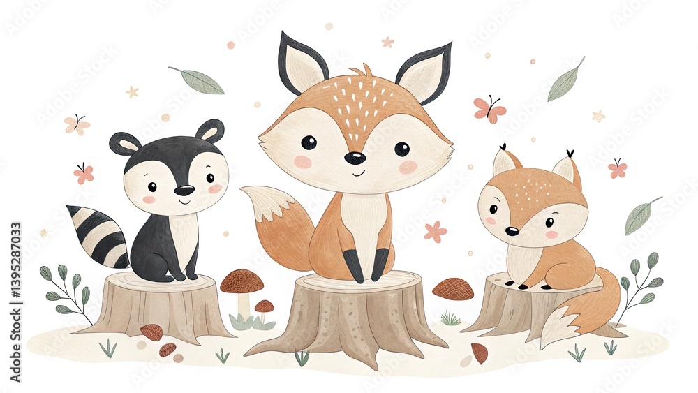 Fototapeta premium A set of cute woodland animals painted concept Three cute cartoon animals sitting on tree stumps surrounded by nature elements and flowers.