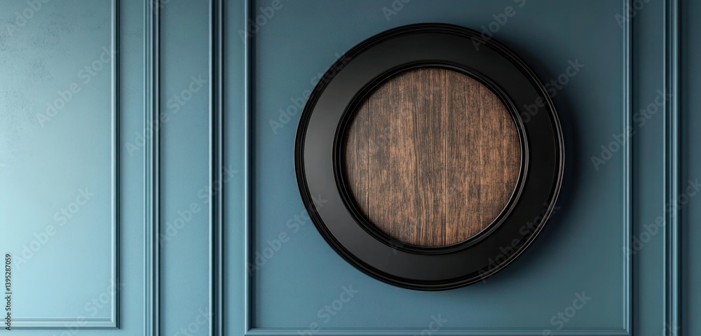 A circular frame with matte black edges and a deep, wood-textured core, centered on a muted blue wall, exuding elegance with simplicity.