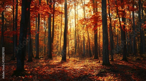 Sun-Drenched Autumn Forest with Vibrant Red and Orange Leaves for Fall Scenery, Tranquil Nature Scenes, or Warm Backgrounds
