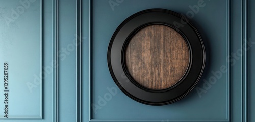 Obraz na płótnie A circular frame with matte black edges and a deep, wood-textured core, centered on a muted blue wall, exuding elegance with simplicity. w salonie