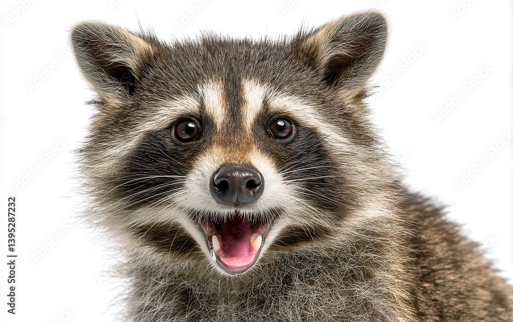 Obraz premium Laughing raccoon with bright eyes and open mouth, isolated white background, detailed fur texture, cute expression
