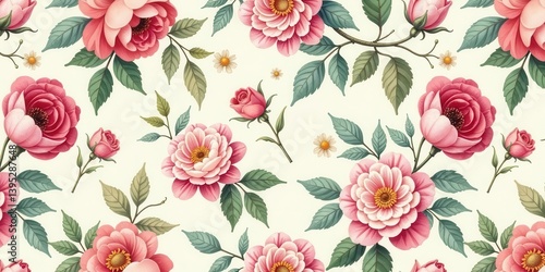 Wallpaper Mural A Delicate Floral Pattern Featuring Pink Roses and Daisies on a Cream Background, Ideal for Textile Design or Wallpaper Applications Torontodigital.ca