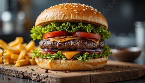 Hamburger with French fries