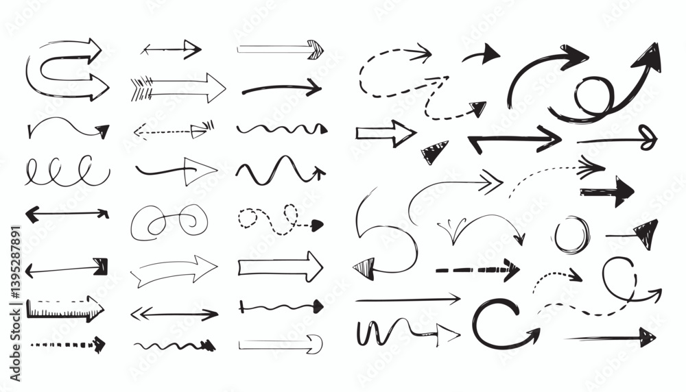 collection of various hand-drawn arrows in different styles and directions. collection of various hand-drawn arrows in different styles and directions.