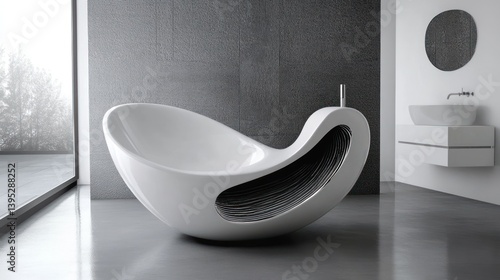 Modern, minimalist bathtub in a contemporary bathroom with a view.