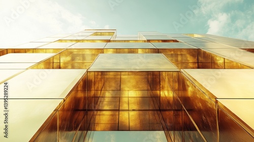 Modern gold-toned building facade with square panels, low angle view.