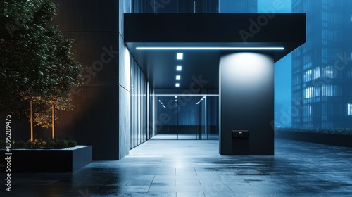 Modern city building entrance at night, wet pavement, illuminated walkway.