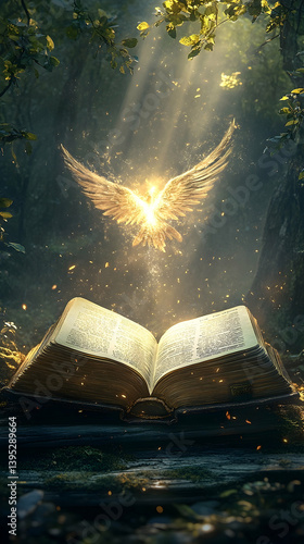 A glowing angel soars above an open book within a forest