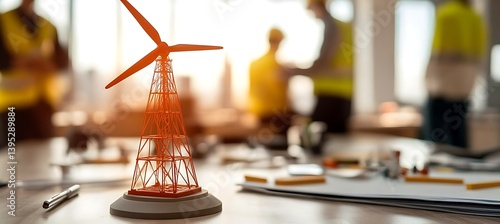 Wind power station model standing on a sleek office table in a bright room, showing sustainable energy ideas and modern workplace design inspiration.
