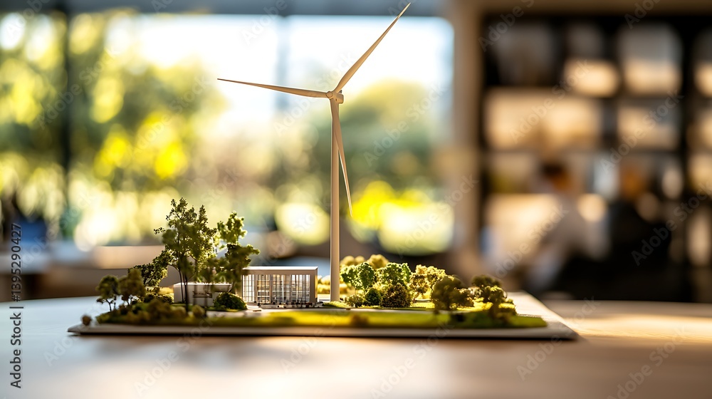 Miniature windmill model placed on an office desk inside a bright, sunlit room, symbolizing clean energy, innovation, and eco-friendly thinking at work.