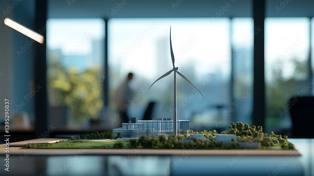 A small windmill power station model displayed on a modern office table, set in a bright and well-lit workplace environment for clean energy focus.