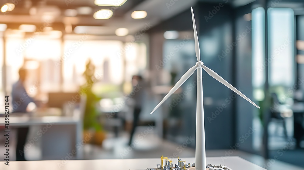 A small windmill power station model displayed on a modern office table, set in a bright and well-lit workplace environment for clean energy focus.