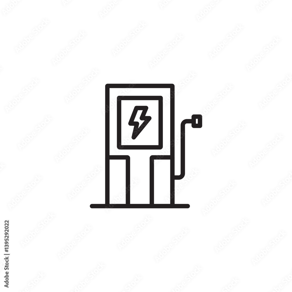 A minimalist line drawing of an electric vehicle charging station. It features a rectangular kiosk with a lightning bolt symbol on the screen and a charging cable with a plug. A minimalist line drawing of an electric vehicle charging station. It features a rectangular kiosk with a lightning bolt symbol on the screen and a charging cable with a plug.