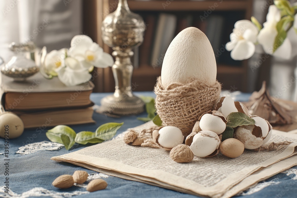 Easter eggs, nuts, and flowers on a table Easter eggs, nuts, and flowers on a table