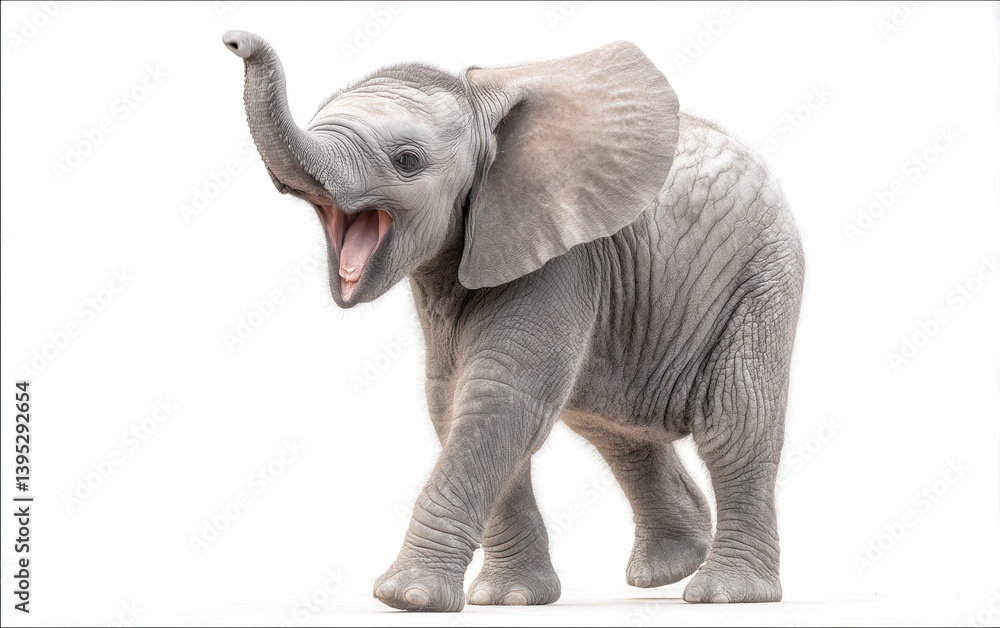 Obraz premium Laughing elephant calf with lifted trunk and wide open mouth, isolated on white, soft grey tones, joyful wild animal shot