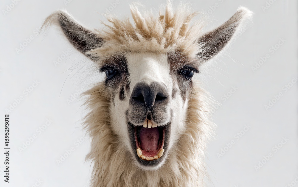 Fototapeta premium Laughing llama with open mouth and crooked teeth, wild hair, white studio background, quirky and funny look
