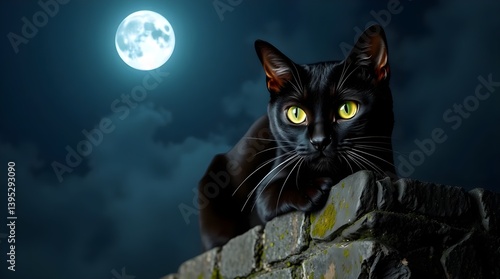 A sleek black cat with glowing green eyes perched on a stone wall at night, with a full moon glowing in the background
