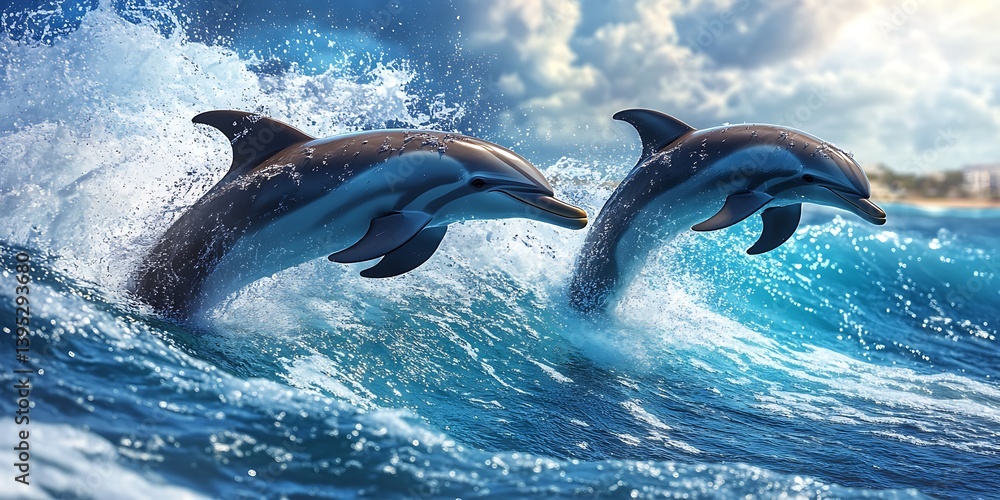 Fototapeta premium Two Dolphins Joyfully Leaping from the Ocean Waves