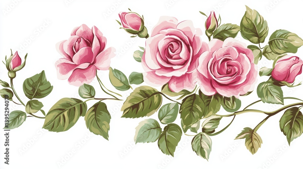 Naklejka premium Pink roses with green leaves and buds arranged horizontally on a white background.