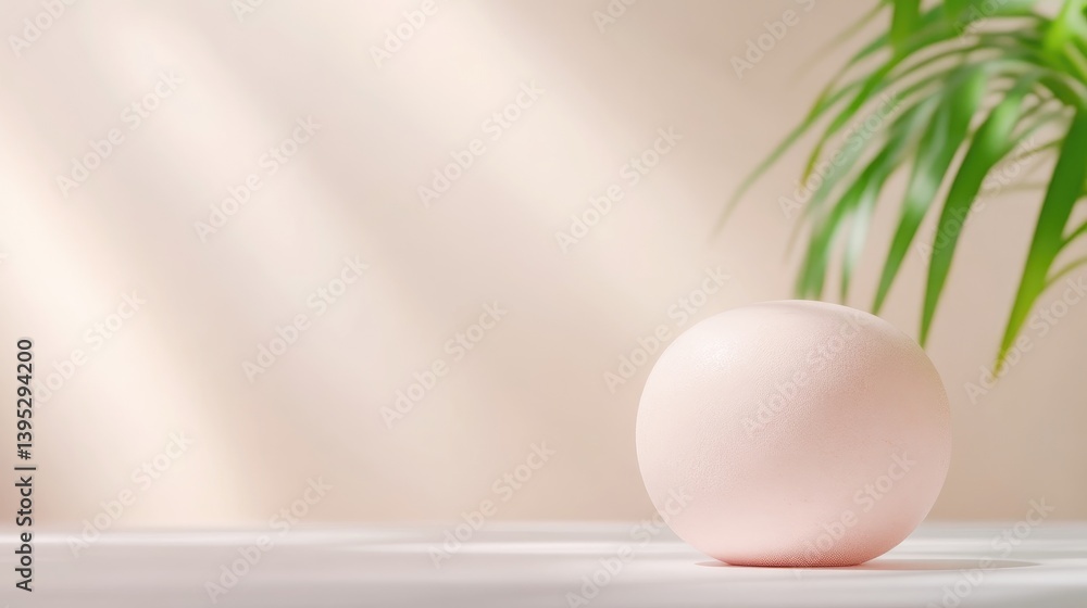 Fototapeta premium Pastel pink sphere, sunlit, minimalist backdrop with tropical plant