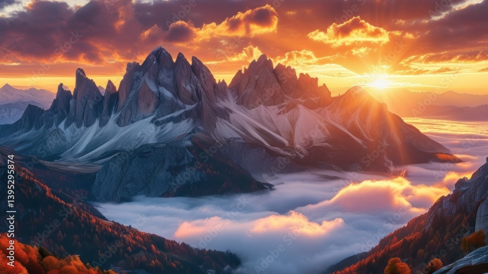 Obraz premium Mountain peaks bathed in the warm glow of sunrise above a sea of clouds.