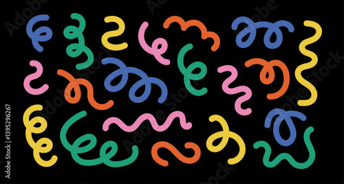 Set of curvy wavy line in flat naive style. Playful scribble squiggle. Curve Ribbons shapes