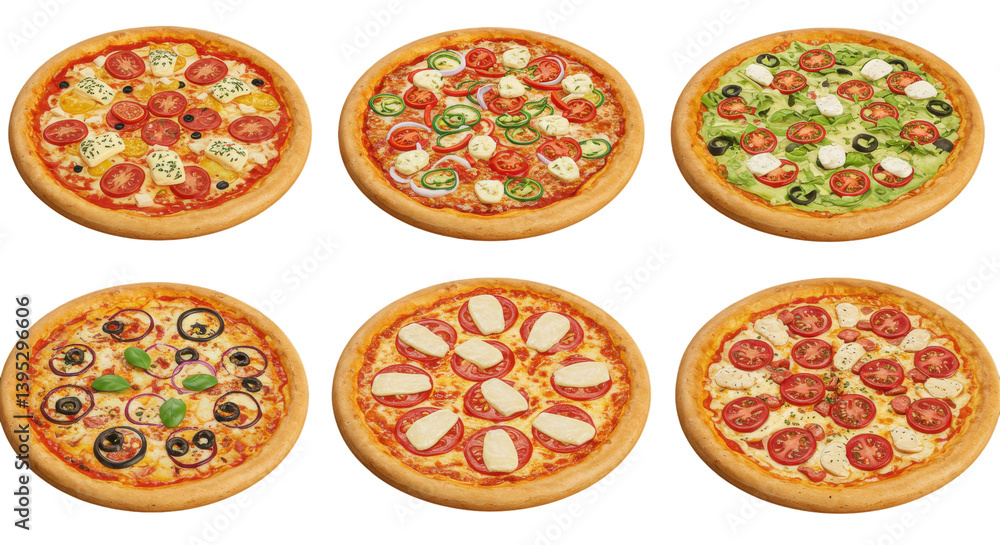 A vibrant display of six delicious pizzas featuring various toppings and flavors A vibrant display of six delicious pizzas featuring various toppings and flavors