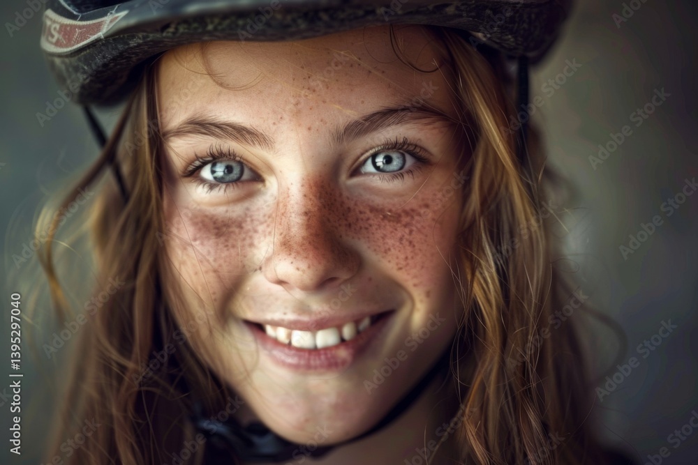 Smiling Caucasian girl with bicycle helmet portrait Smiling Caucasian girl with bicycle helmet portrait
