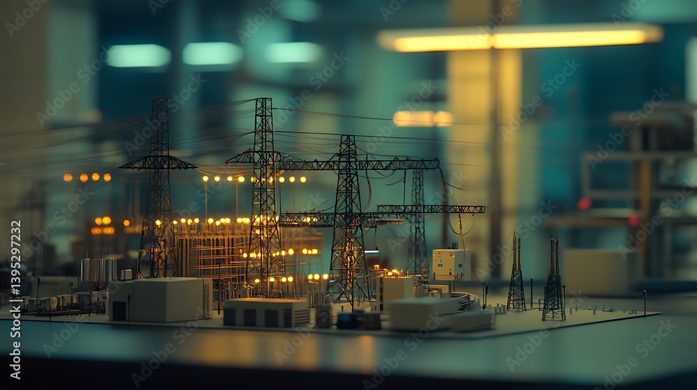 Detailed model of a grid station arranged on a wooden office table under natural light in a spacious and well-lit office area.