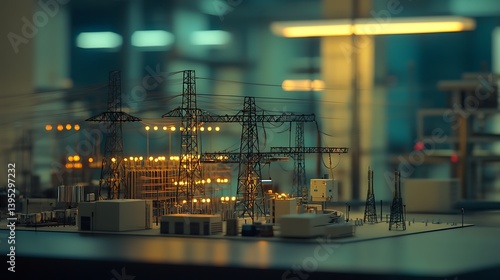 Obraz na płótnie Detailed model of a grid station arranged on a wooden office table under natural light in a spacious and well-lit office area. w salonie