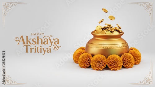 Golden Pot and Marigold Flowers Celebrating Akshaya Tritiya