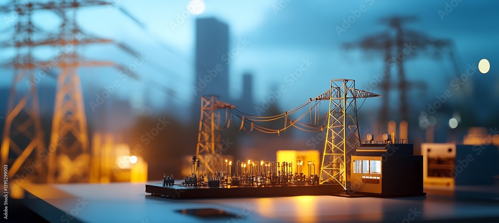 A small model of an electricity grid station is placed on a clean office table in a bright and modern office room.