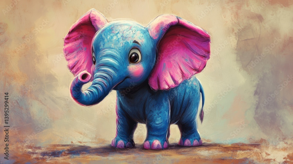 Obraz premium Adorable baby elephant illustration with blue body and pink ears, standing on a textured ground.