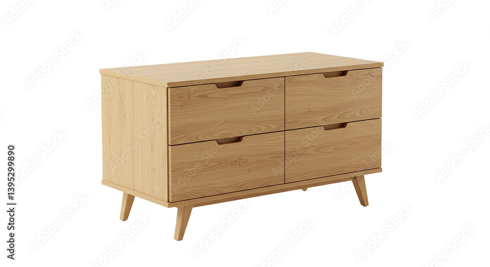 A modern wooden drawer chest with four compartments, minimal Scandinavian design, floating highly, photorealistic product shot, white isolated background, soft shadows, smooth oak finish A modern wooden drawer chest with four compartments, minimal Scandinavian design, floating highly, photorealistic product shot, white isolated background, soft shadows, smooth oak finish