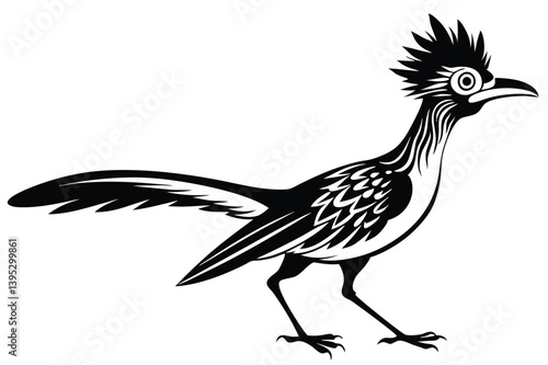 Roadrunner Bird Walking in Detailed Black and White 
