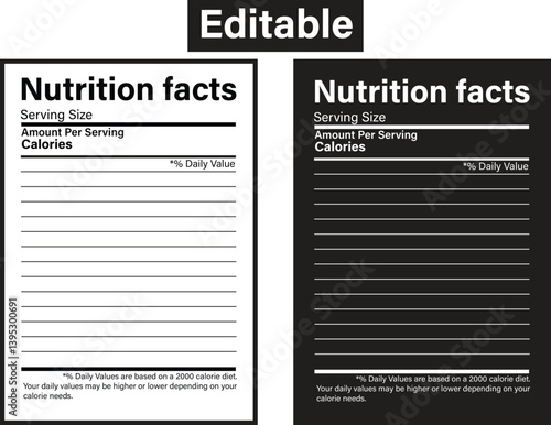 Nutrition facts template. Supplement facts. Editable nutrition label template.
