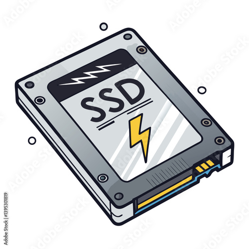 Design a bold, vector illustration of a solid-state drive (SSD) using striking, graphic strokes.  Emphasize its internal components.