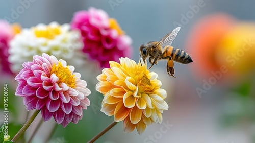 Fototapeta Naklejka Na Ścianę i Meble -  Bee is flying over a bouquet of flowers. The flowers are a mix of pink, yellow, and orange. The scene is peaceful and serene, with the bee being the only living creature in the image