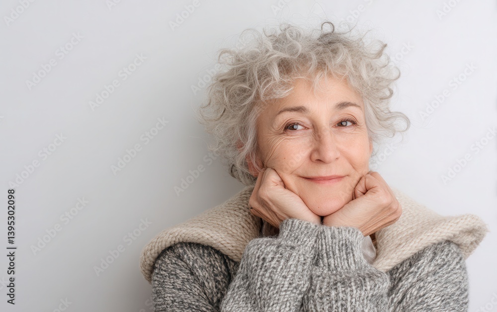 Portrait of an elderly Caucasian woman with short grey curls, smiling gently, wearing a cozy cardigan, clean white studio backdrop, no hands Portrait of an elderly Caucasian woman with short grey curls, smiling gently, wearing a cozy cardigan, clean white studio backdrop, no hands