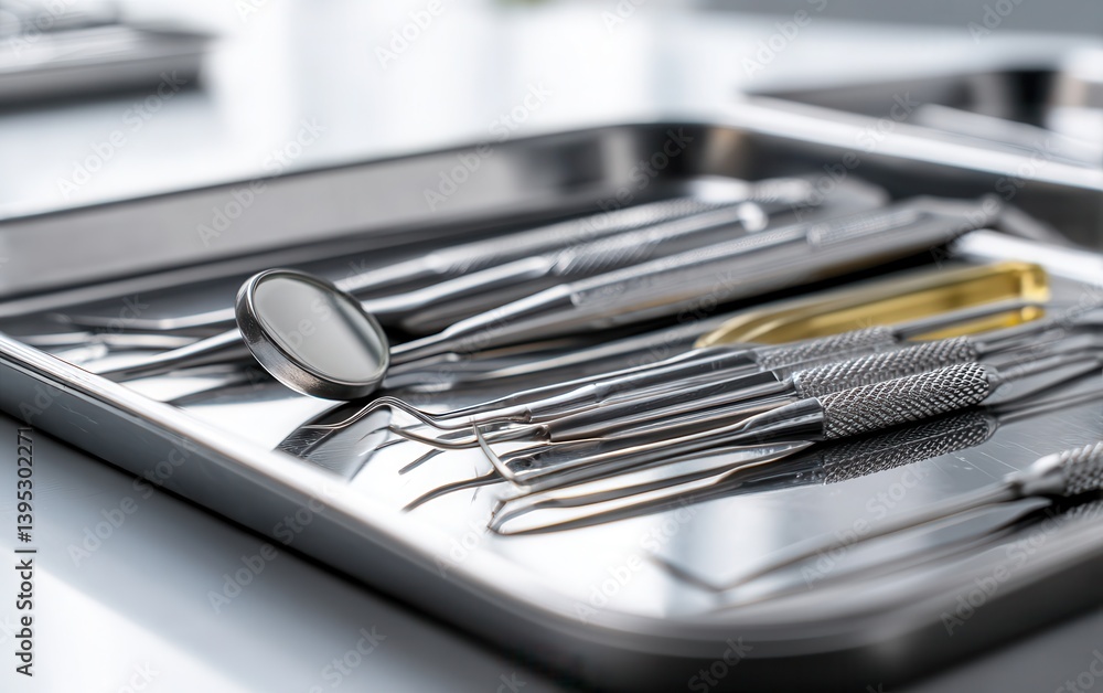Of a close-up on dental tools on metal tray in bright white environment Of a close-up on dental tools on metal tray in bright white environment