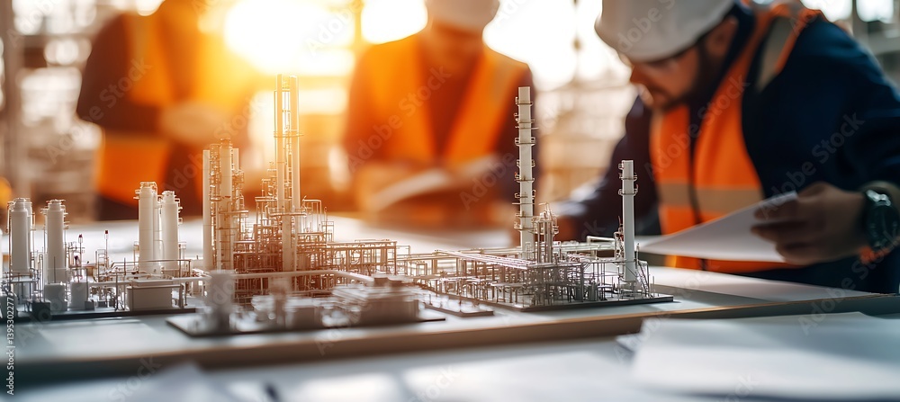 Realistic oil refinery model sitting on a professional office table, surrounded by bright lighting in a neat, organized workplace atmosphere.