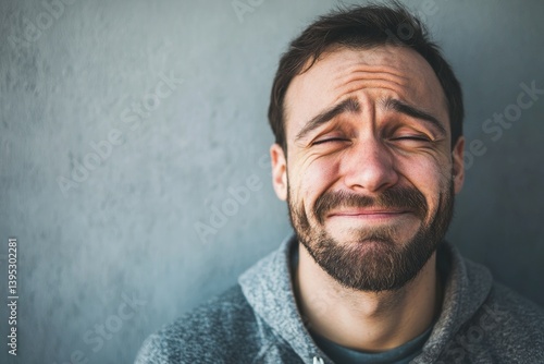 Man Cringing with Eyes Closed Against Grey Wall with Slight Smile