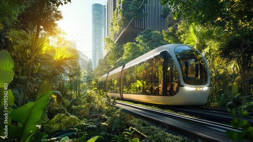 Fototapeta Naklejka Na Ścianę i Meble -  A futuristic train travels through a lush, green city landscape.